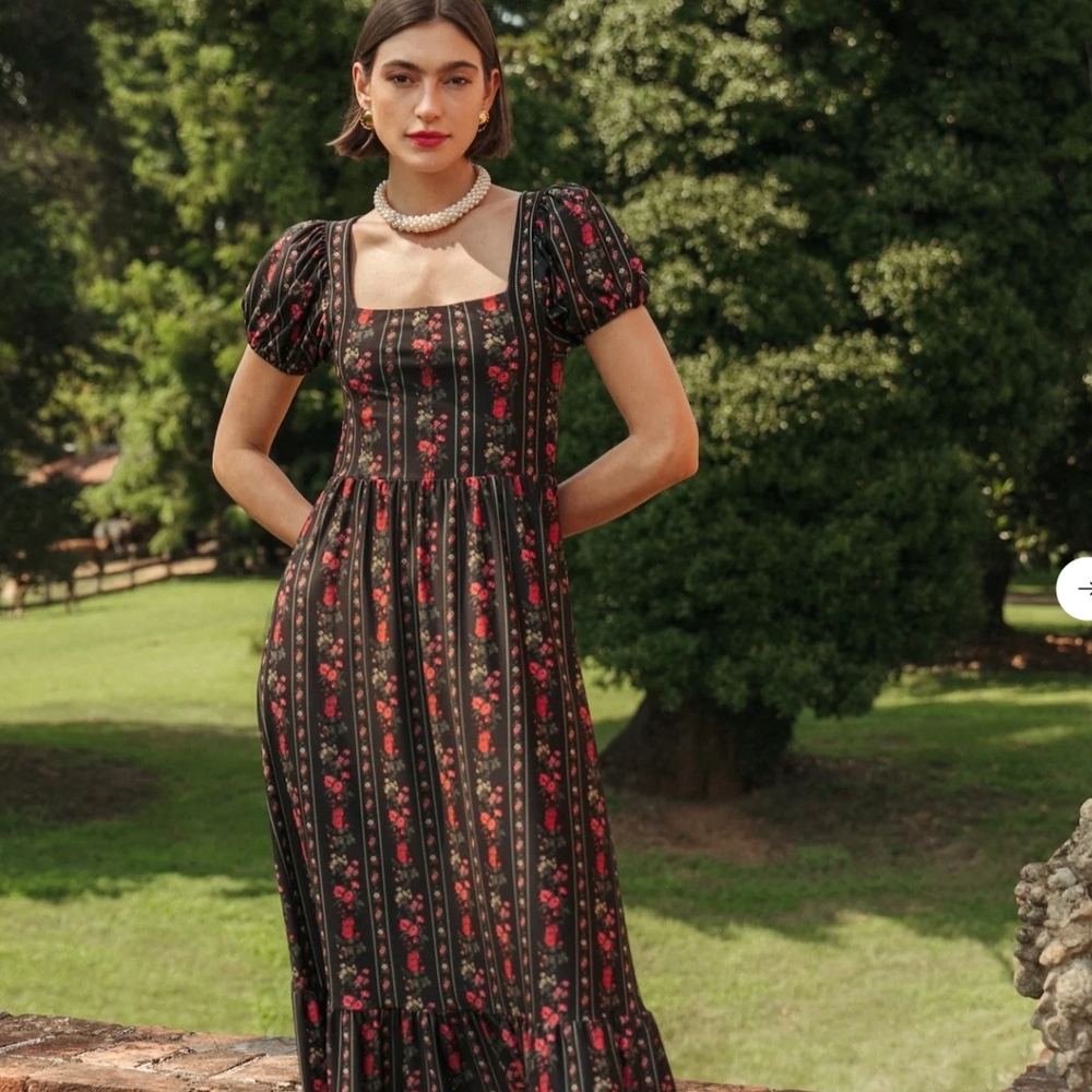 Square Neck Black Floral Midi Dress with Puff Sleeves